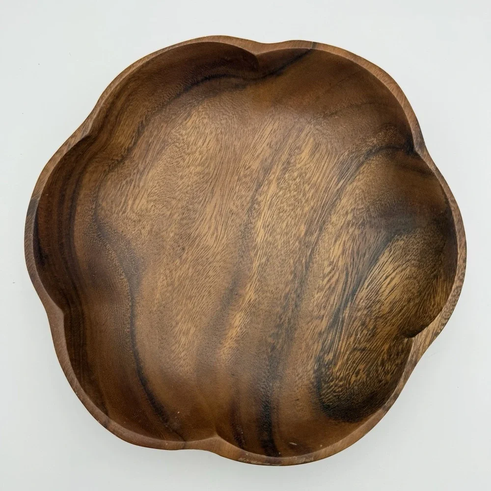 Vtg MCM Monkey Pod Wood Bowl with 12 Pieces of Wooden Fruit Farm Country English